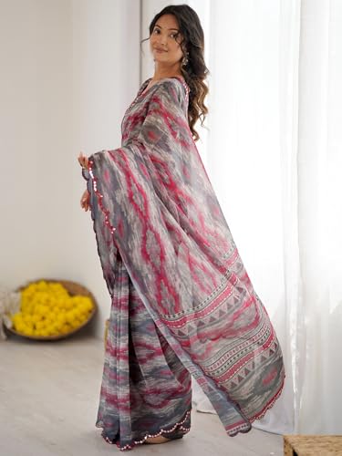 Image of Satrani Women's Georgette Printed & Mirror Work Saree with Unstitched Blouse Piece