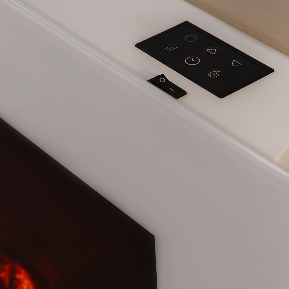 Cecotec Camino Elettrico Decorativo 35” con Telecomando e WiFi ReadyWarm 3590 Flames Connected White. Massima Potenza 2000W, 2 Intensità, Pannello Piatto Cristallo Temperato, Fiamma Regolabile, Timer