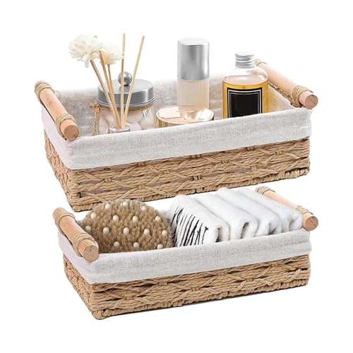 AMERTEER 2 Pcs Rectangle Woven Paper Rope Storage Baskets with Handle for Home, Straw Rattan Basket with Washable Liner,Decorative Bins for Countertop, Shelf Cabinet, Home Storage and Organization