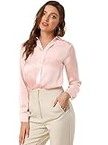Allegra K Damen Langarm Hemdkragen V Neck Button Satin Shirt Top Bluse Hell-Pink XL