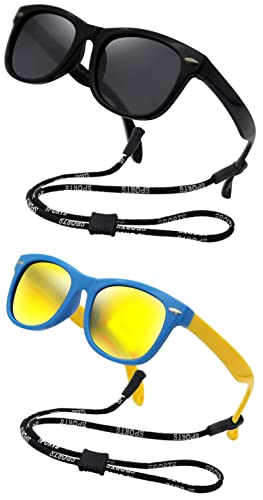 COOLSOME Kids Flexible Polarized Sunglasses for Boys Girls Age 3-10 with Straps (Black+Blue Yellow Mirrored Lens 2 pcs/Fit Age 6-10)