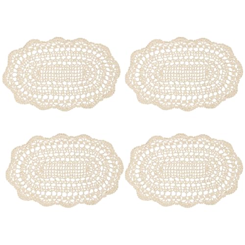 kilofly Crochet Cotton Lace Placemats Doilies 4pc, Oval, Beige, 7.8 x 14 inch