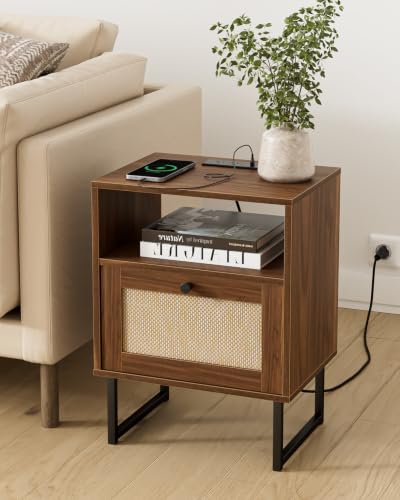 Image of Rattan Nightstand with Charging Station, Boho Night Stand Farmhouse Wood Bedside Table with Storage and Open Shelf, End Side Accent Table for Bedroom,Living Room,Walnut