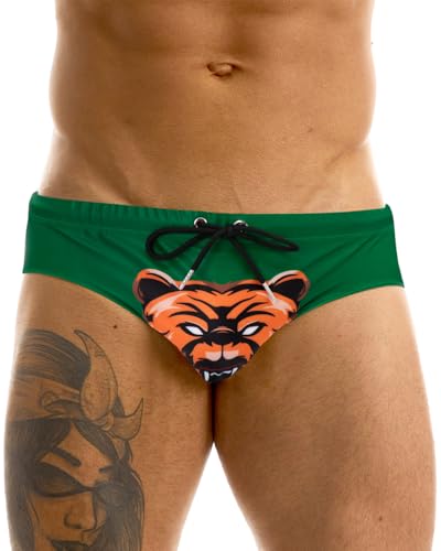 MIZOK Mens Sexy Bikini Swimwear Bear Animal Print Swimsuit Low Rise Gay Swim Briefs Green L