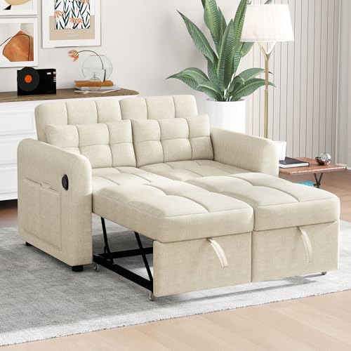 A ALFRESCOOL Sofá cama de 2 plazas con función de sueño, sofá cama plegable 3 en 1 con respaldo ajustable, bolsillos para reposabrazos, para salón, color beige, 142 x 85 x 83 cm