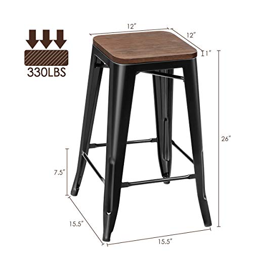 Costway 26 Inch Metal Bar Stool Set Of 4, Counter Height Backless Stool With Wooden Seat, Solid Iron Legs With Footrest, Industrial Stackable Bar Stool For Dining Room, Living Room, Kitchen, Black (4) #TOP3