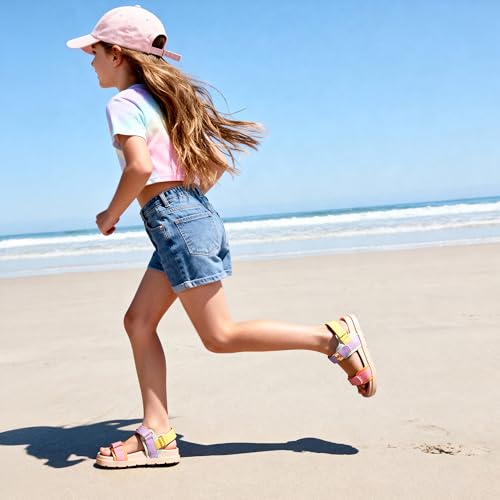 Image of FabKids Girl's Flat Sandals Comfort Adjustable Double Strap Slip on Leather Footbed Sandals for Toddler Little Kid Big Kid