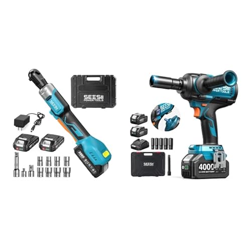 Seesii Impact Ratchet Wrench Combo Set，1600N.m Impact Wrench 1/2 inch, Electric Ratchet Wrench 3/8 Inch