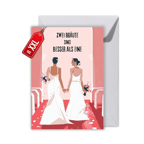 Tarjeta de boda LGBTQ+ – "Dos novias son mejores que una" – Tarjeta de boda plegable para pareja de lesbianas celebración del amor del mismo sexo con sobre (XXL DIN A4)