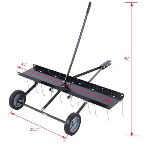 40Inch Tine Tow Dethatcher with 20 rust-proof and replaceable heat-treated tines, Tine Tow Dethatcher Pull Behind Mower, Lawn Tractor Rake, Riding Lawn Mower for Outdoor Yard Tools Lawn Care