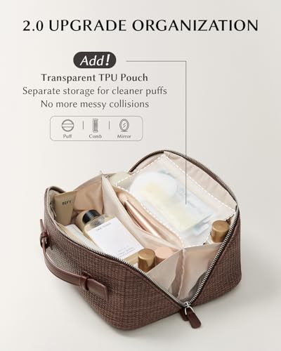 Image of EACHY Travel Makeup Bag, Woven Travel Waterproof Toiletry Bag, Portable 180 Wide-Open Flat Cosmetic Bags for Women, Large Capacity Makeup Pouch with Divider and Handle