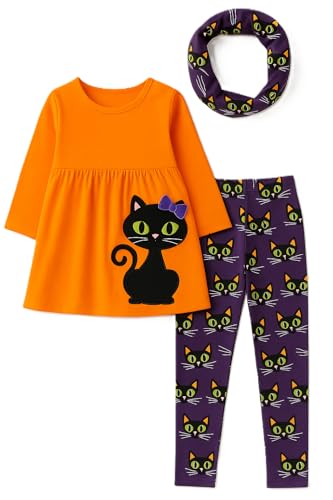 Image of Unique Baby Girls Kids Toddler 3pc Outfit Set Long Sleeve Lightweight Tunic Top Leggings and Scarf