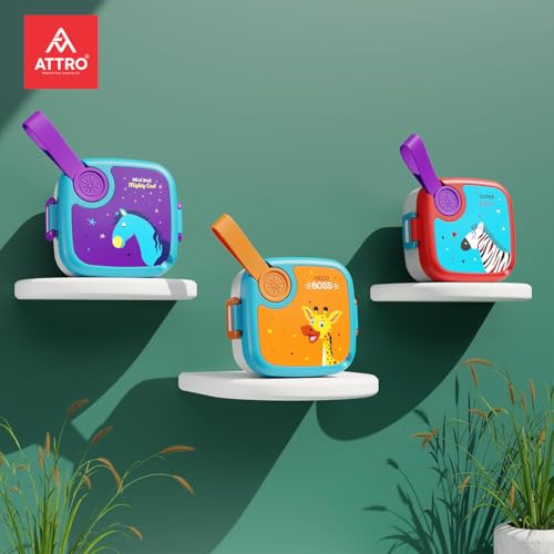 Image of ATTRO KidsMate Giraffe Lunch Box Stainless Steel Comes with 1 Detachable Tray| Leak-Proof & Durable | Plastic Spoon | Ideal for Kids, School, Picnic - Orange Blue - 500ml