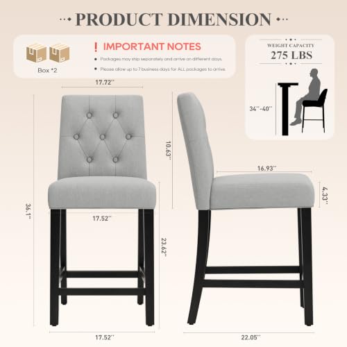 Image of MALOL Bar Stools Set of 4, Fabric Counter Height Bar Stools, Light Gray