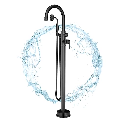 Freestanding Bathtub Tap, Black Tall Bathroom Bath Tap, Thermostatic Shower Mixer Tap Set, Handheld Shower Head with Flexile Hose, 2 Water Outlets, Floor Mounted