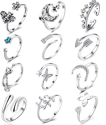 JEWPARK 12 Pcs Multiple Silver Plated Open Ring for Women Fashion Arrow Bee CZ Adjustable Ring Set