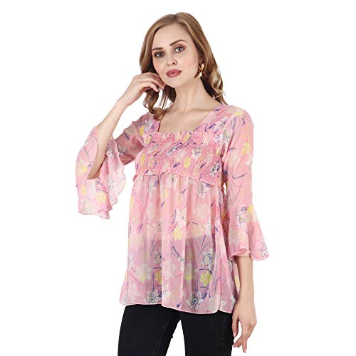 Image of POPWINGS Printed Chiffon Peplum Tops for Women || 3 /4th Sleeves Square Neck Women Tops for Summer || Stylish Western Smocking Women Tops