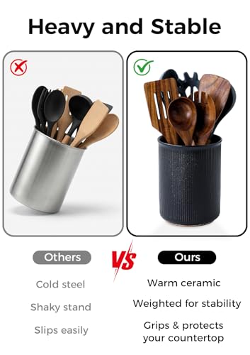 Image of LoeJan Utensil Holder, Extra Large Utensil Crock, Stable Ceramic Utensil Organizer, Cooking Tool Organizer Set for Kitchen Counter Farmhouse Decor, Textured Black