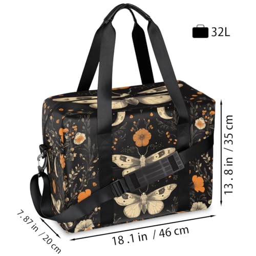 Flowers Moths Travel Duffel Bag for Men Women Vintage Moon Sports Gym Bag Waterproof Weekender Overnight Bags Foldable Carry on Backpack for Swim Yoga Fitness Workout2