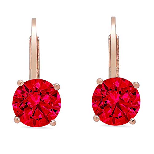 0.9Ct Brilliant Round Cut Solitaire Flawless Genuine Simulated Cz Red Ruby Gemstone Unisex Pair Of Lever Back Drop Dangle Designer Earrings Solid 14K Rose Back Conflict Free Jewelry #TOP1
