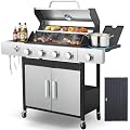 IdeaMaxx 4-Burner Gas Grill, 46,790 BTU Outdoor BBQ Grill with Infrared Side Burner, Porcelain Cast Iron Grates & Stainless Steel Build for Fast Heating, Easy Clean (Backyard, Camping, Tailgating)