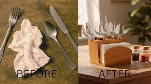 Image of Wooden Brown Dining Table Organizer - Cutlery Holder with Tissue Paper Stand | Spoon, Fork & Napkin Holder for Kitchen & Table | 15 x 10 x 12.5 cm