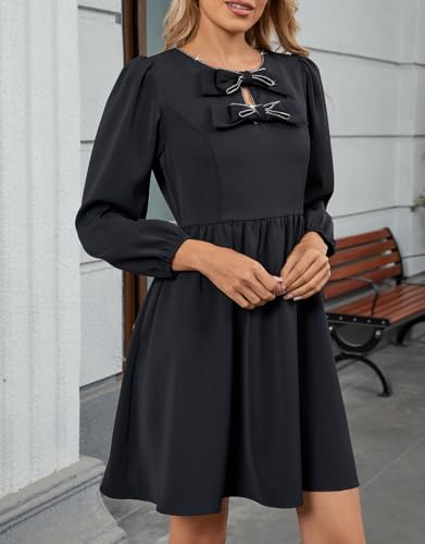 Women's Bow Neck Mini Dresses A Line Rhinestone Short Dress Long Sleeves Flowy Summer Babydoll Dress2