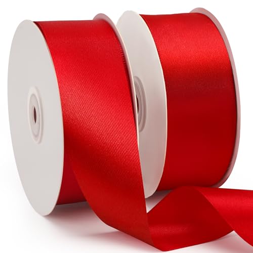 100 Yards 1-1/2 Inch Red Ribbon for Flower Bouquet Valentine Ribbon for Gift Wrapping Fabric Satin Ribbons for Crafts Flower Bouquet Accessories Big Red Bow Christmas Silk Hair Ribbons