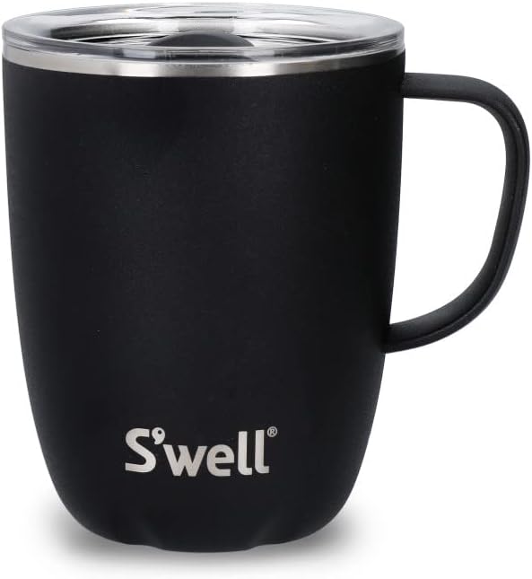 S'well Mug with Handle, Black Onyx, 350ml. Vacuum Insulated Stainless Steel Travel Mug with Handle, On-The-Go Travel Cup, Splash-Proof, Slide-Open Lid - Leak-Proof and Dishwasher Safe