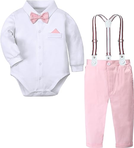 Image of A&J DESIGN Baby Boys Suits Infant Gentleman Formal Wedding Suspenders Outfit with Bowtie