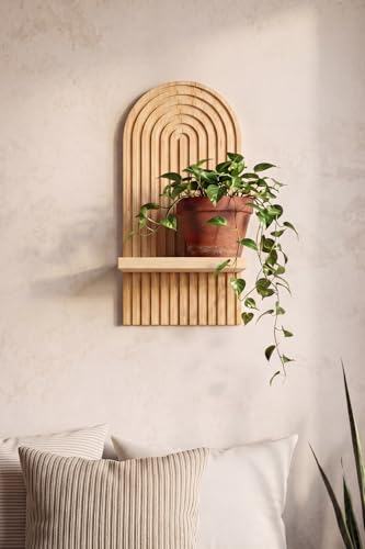 KMUXXIN Boho Wall Shelf 14 MCM Arched Decorative Floating Shelves Wooden Round Shelf for Plants Entryway Bathroom & Bedroom Natural Oak