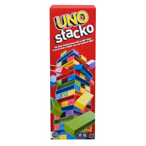 Image of Mattel Games UNO Stacko Game for Kids & Family with 45 Colored Stacking Blocks & Loading Tray, Build & Play, Game Nights & Parties