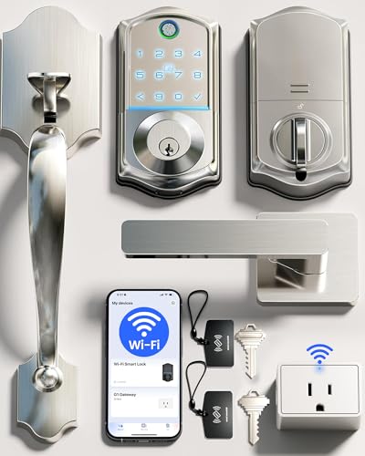 Veise VE017G-H Wi-Fi Smart Fingerprint Front Door Lock Set, Remote App Control, Keyless Entry Deadbolt with Handle, Backlit Keypad, IP55 Weatherproof, Auto Lock, Easy to Install, Satin Nickel