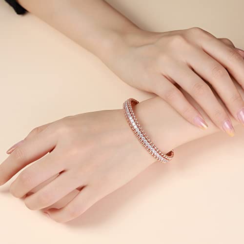 Gold Beaded Tennis Bracelet For Women-3 In 1 Hinged Cuff Bangle Bracelets Jewelry For Women With Sparkle Cubic Zirconia-Braclets-Lukiladi (Rose Gold) #TOP1