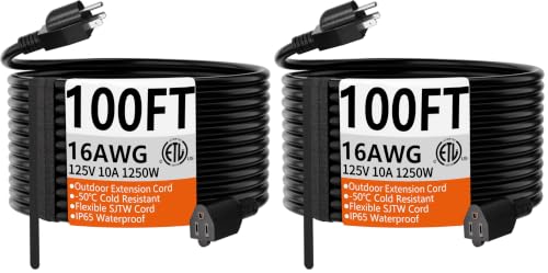 Image of HUANCHAIN 100 FT 16 Gauge Black Indoor Outdoor Extension Cord Waterproof, Flexible Cold Weather 3 Prong Electric Cord Outside, 10A 1250W 125V 16AWG SJTW, ETL Listed (Pack of 2)