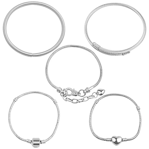 5 Pieces Stainless Steel Snake Chain Charm Bracelets Open Bangles European Charm Bracelet Anklet With Heart Lobster Clasps For Jewelry Making Women Girls Gifts, 5 Styles #TOP10
