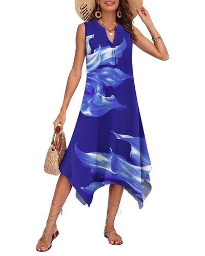 Image of AUSELILY Womens Summer Midi Dress V Neck Sleeveless Casual with Pockets | Flowy womens summer dress with asymmetrical hem, great for beach, vacation and daily wear