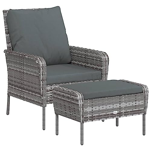 QJBSAVVA Chaise de Jardin avec Tabouret Repose-Pied en Résine Tressée Gris, Fauteuil de Terrasse avec Coussins Anthracite, Mobilier d'Extérieur pour la...