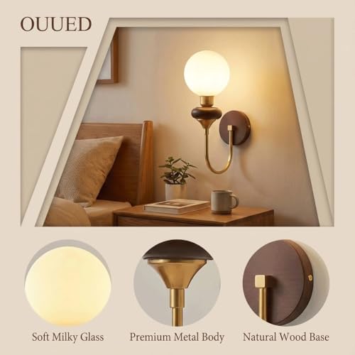 Aplique de pared de madera vintage con pantalla de vidrio en U 4