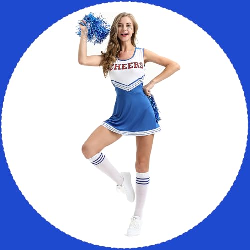 Cheerleader Kostüm Damen für Erwachsene,Cheerleading outfit,Cheerleadering Outfit,High school musical cheerleader kostüm,Cheerleader Pompoms für Verkleidung Karneval Party Cosplay Fasching Halloween