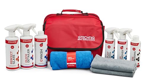 Gtechniq Essential Maintenance Kit - Includes GWash, Quick Detailer, Tyre Dressing, Zero Scratch Microfiber Drying Towel, ZeroR Buff Cloth, Bug Remover, Fallout Remover, Perfect Glass Branded Kit Bag