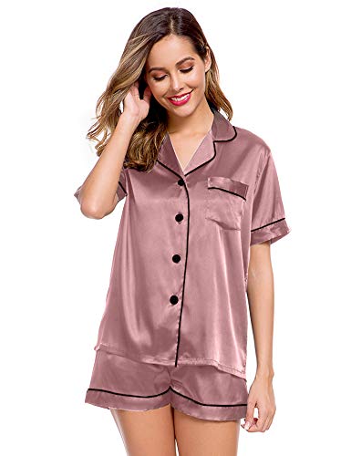 Image of LecGee Womens Silk Satin Pajamas Short Sleeve Loungewear Two-Piece Sleepwear Button-Down Pj Set
