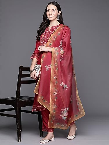 Image of INDO ERA Women's Maroon Embroidered Silk Blend Kurta with Pant & Dupatta Set