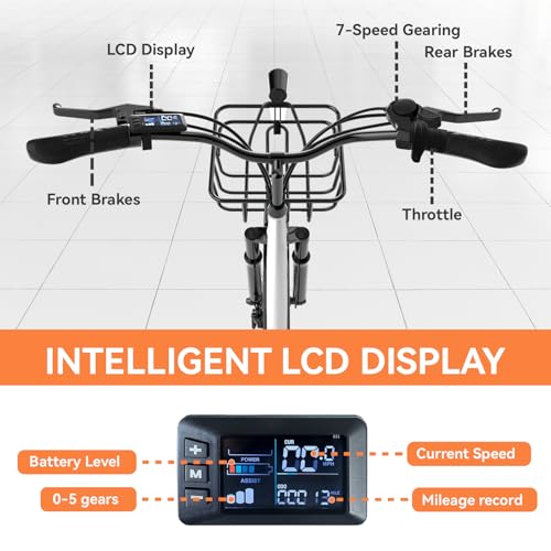 Image of 24'' Electric Bike, Peak 1000W /700W Motor 28 /20MPH, 48V /36V Removable Battery, Step Thru City Cruiser Ebike, Commuter E Bike, 7-Speed, Front Basket