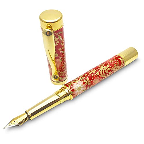 Pluma estilográfica japonesa Mino Washi hecha a mano con caja de regalo, pluma de aleación de punta media, tinta negra, diseño de flor de cerezo SHIDARE SAKURA cuerpo rojo patrón yuzen Cover