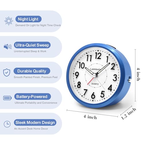 Image of Lamisola 4 Inch Alarm Clock for Bedrooms, Small Analog Desk Clock, Blue | Battery Operated Bedside Clock for Bedroom Bathroom Home Nightstand Shelf, Night Light Snooze, Minimalist Clocks for Seniors