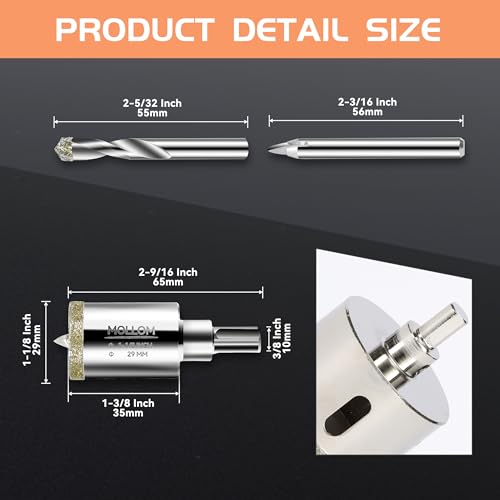 Image of MOLLOM 1-1 /8 inch (29mm) Diamond Hole Saw with 2 Pilot Drill Bit | Tile Hole Saw Smooth Cutting Porcelain Tiles,Ceramic,Marble,Granite