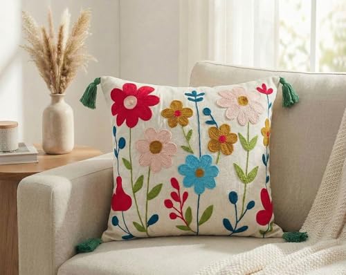 Image of Furnistitchs Handmade Cotton Bohemian Home Decor Cushion Cover 24x24 inches / 60x60 cms - Boho Chic Couch Sofa Throw Living Room Bedroom Cushions (1, Multicolor Daisy)
