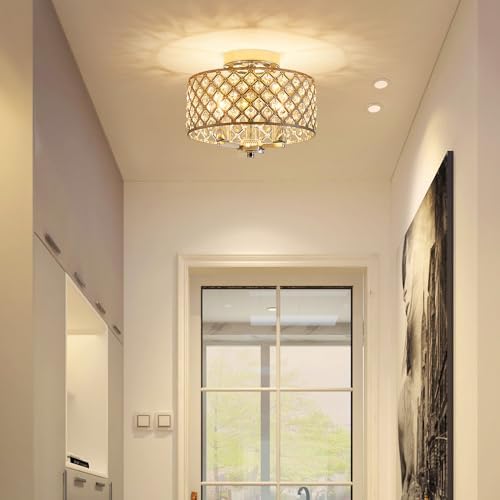 AGV Lighting Semi Flush Mount Ceiling Light Fixture, Crystal Ceiling Chandelier, E12 Base 3-Light, Chrome Finish with Crystal Beads - 4
