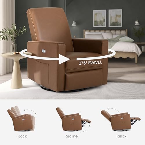 Image of Evolur Harlow Upholstered Power Glider Recliner with USB Charging - Rocking & 275 Swivel with Smooth Glide - Greenguard Gold & FSC Certified - Modern Nursery and Living Room Chair in Cognac